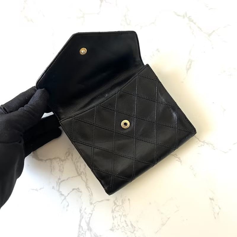 【LA LUNE】中古二手Chanel雙面小羊皮革黑色短夾小銀包零錢手袋-7