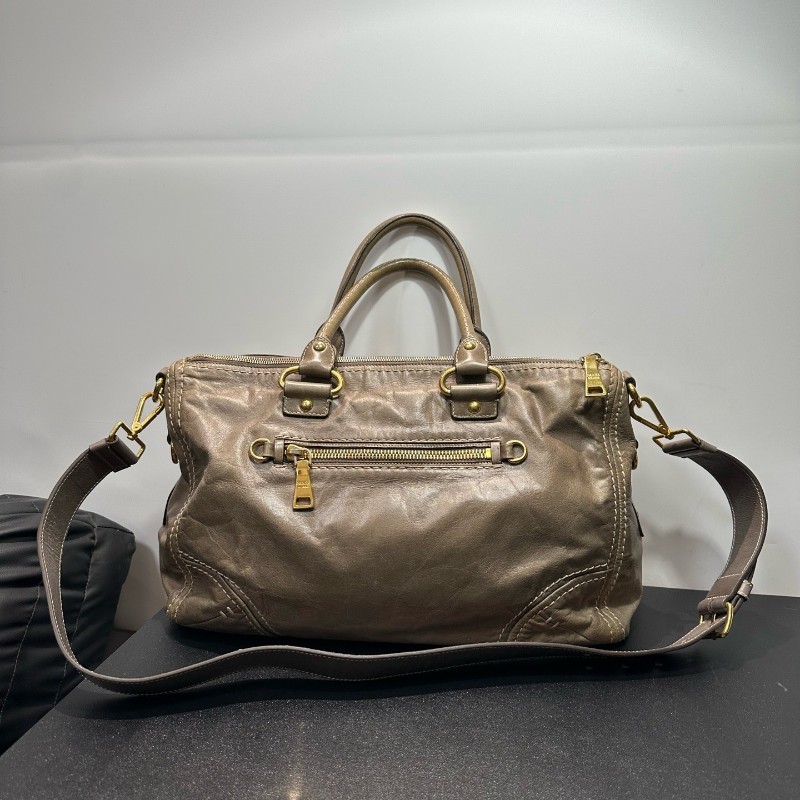 Prada 油蠟皮灰綠色笑臉外縫線機車包 肩背包-1