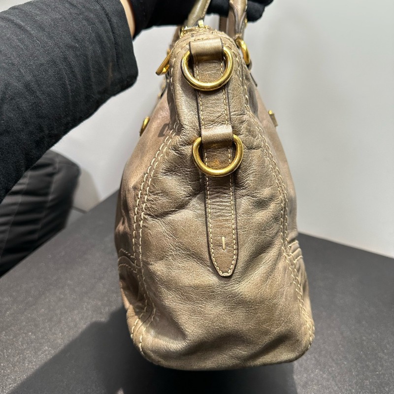 Prada 油蠟皮灰綠色笑臉外縫線機車包 肩背包-2