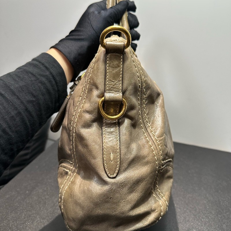 Prada 油蠟皮灰綠色笑臉外縫線機車包 肩背包-3