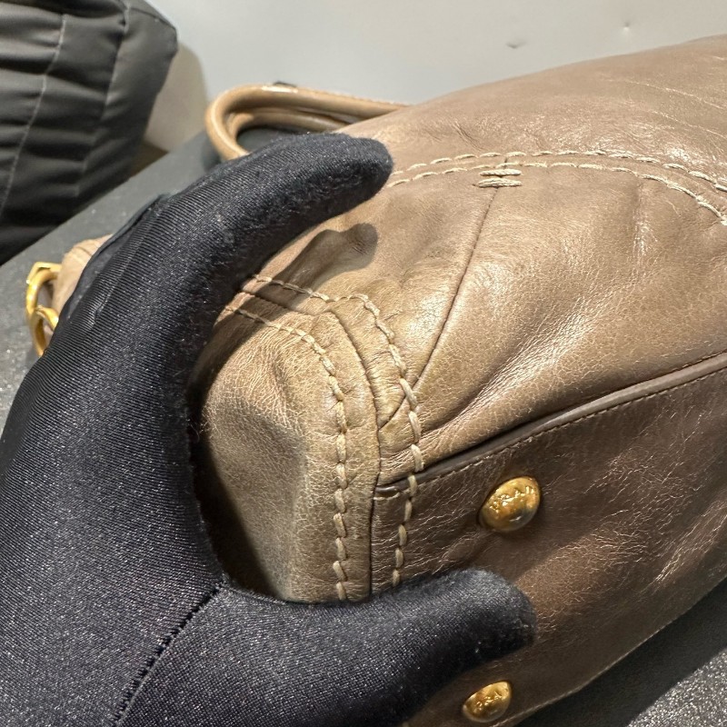 Prada 油蠟皮灰綠色笑臉外縫線機車包 肩背包-8