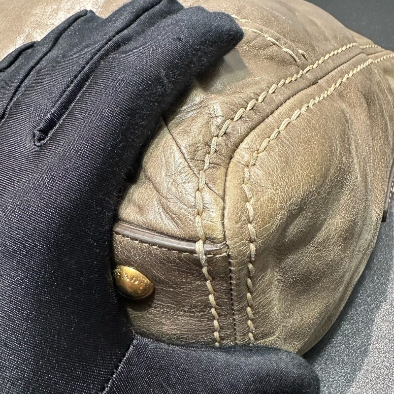 Prada 油蠟皮灰綠色笑臉外縫線機車包 肩背包-9