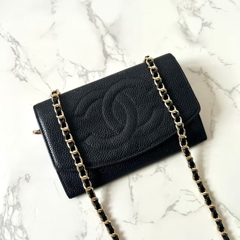 【LA LUNE】中古Chanel黑色魚子醬斜背包 單肩包 小包 中夾 皮夾 側背包-0