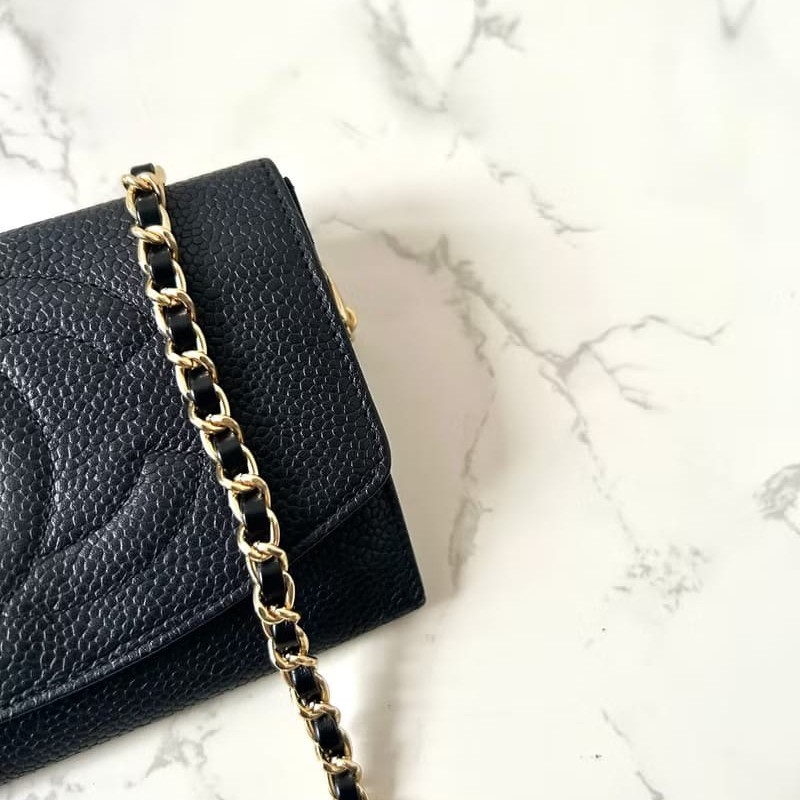 【LA LUNE】中古Chanel黑色魚子醬斜背包 單肩包 小包 中夾 皮夾 側背包-1