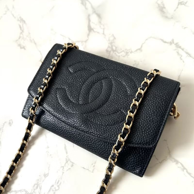 【LA LUNE】中古Chanel黑色魚子醬斜背包 單肩包 小包 中夾 皮夾 側背包-2