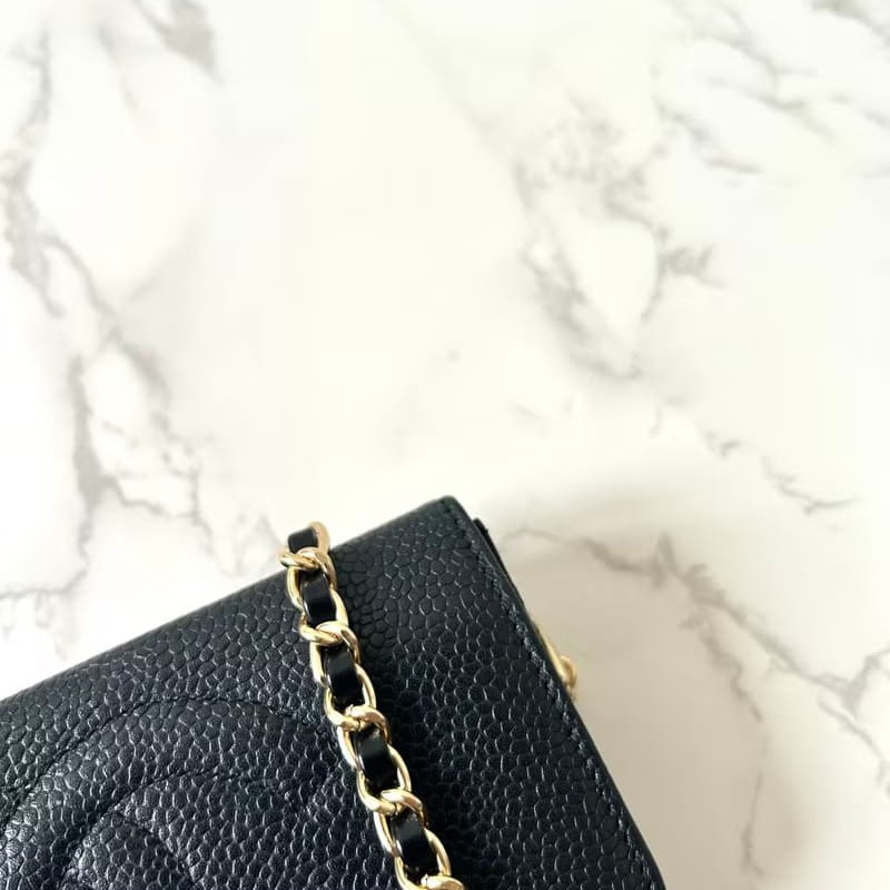 【LA LUNE】中古Chanel黑色魚子醬斜背包 單肩包 小包 中夾 皮夾 側背包-5