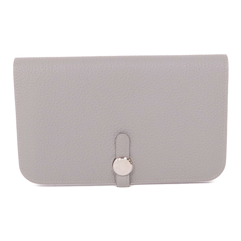 HERMES Clemence皮革Dogon GM銀扣長錢包Gris Mouette-0