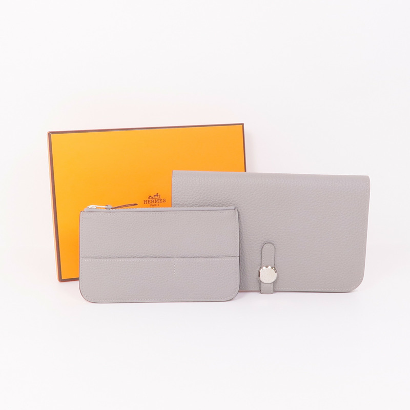 HERMES Clemence皮革Dogon GM銀扣長錢包Gris Mouette-15