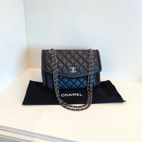 Chanel 中古 口蓋包 郵差信封包 黑銀羊皮 底長約29cm