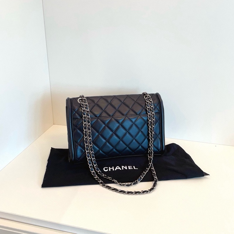 Chanel 中古 口蓋包 郵差信封包 黑銀羊皮 底長約29cm-2