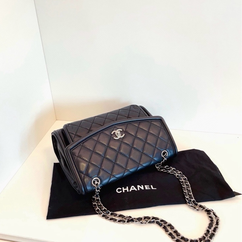 Chanel 中古 口蓋包 郵差信封包 黑銀羊皮 底長約29cm-4