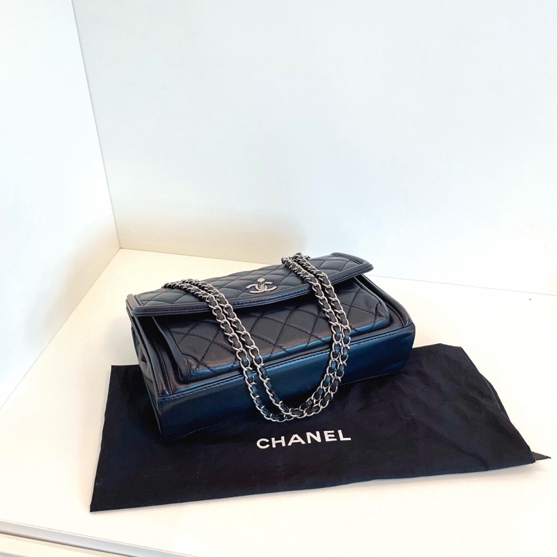 Chanel 中古 口蓋包 郵差信封包 黑銀羊皮 底長約29cm-5