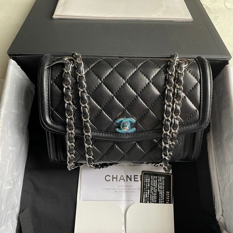 Chanel 小號 翻蓋郵差包 黑銀菱格紋斜挎單肩鏈條包 20開