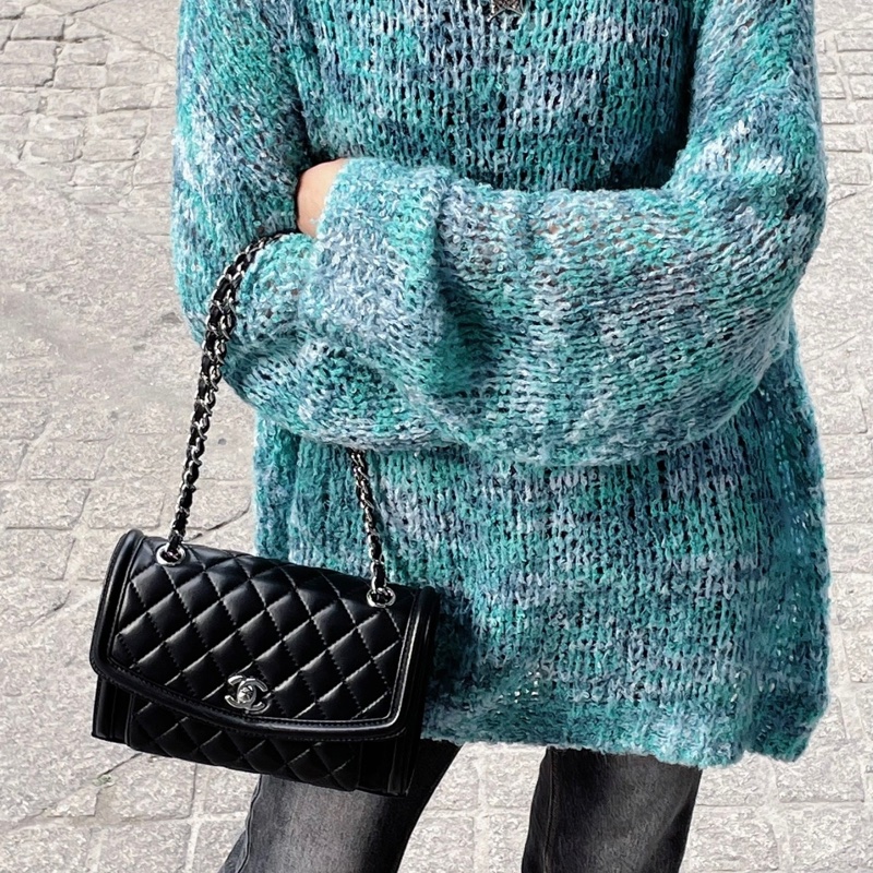 Chanel 小號 翻蓋郵差包 黑銀菱格紋斜挎單肩鏈條包 20開 尺寸約23x16-11