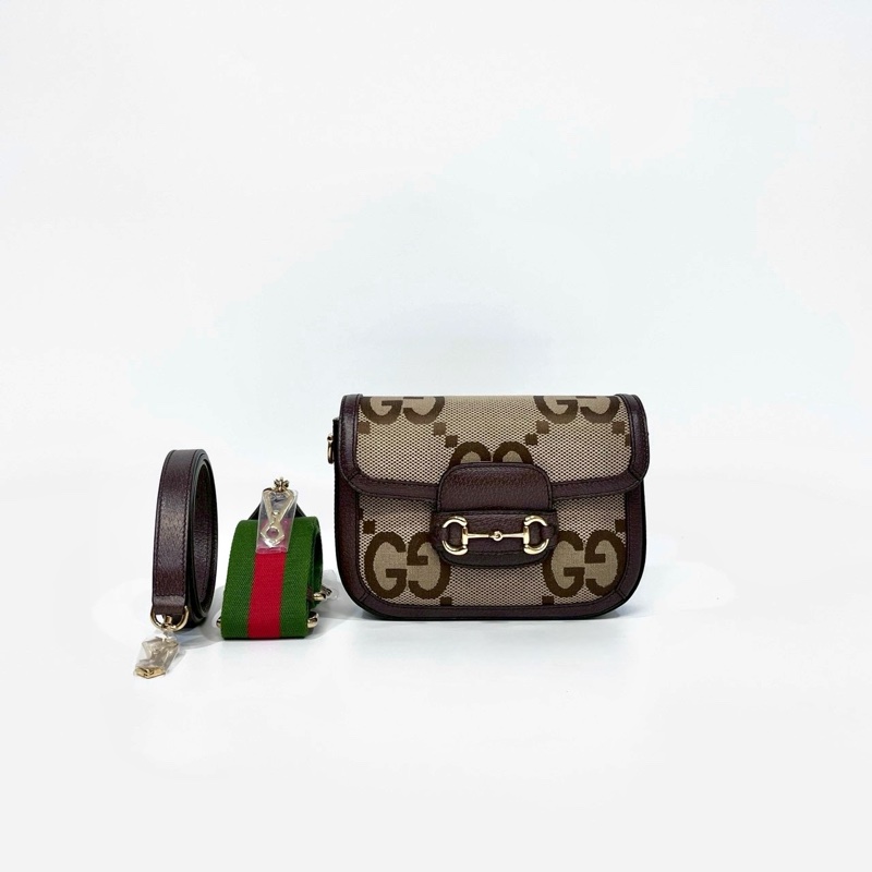 GUCCI帆布拚烏木色牛皮Horsebit 1955小號側背包658574-0