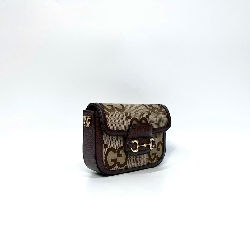 GUCCI帆布拚烏木色牛皮Horsebit 1955小號側背包658574-1