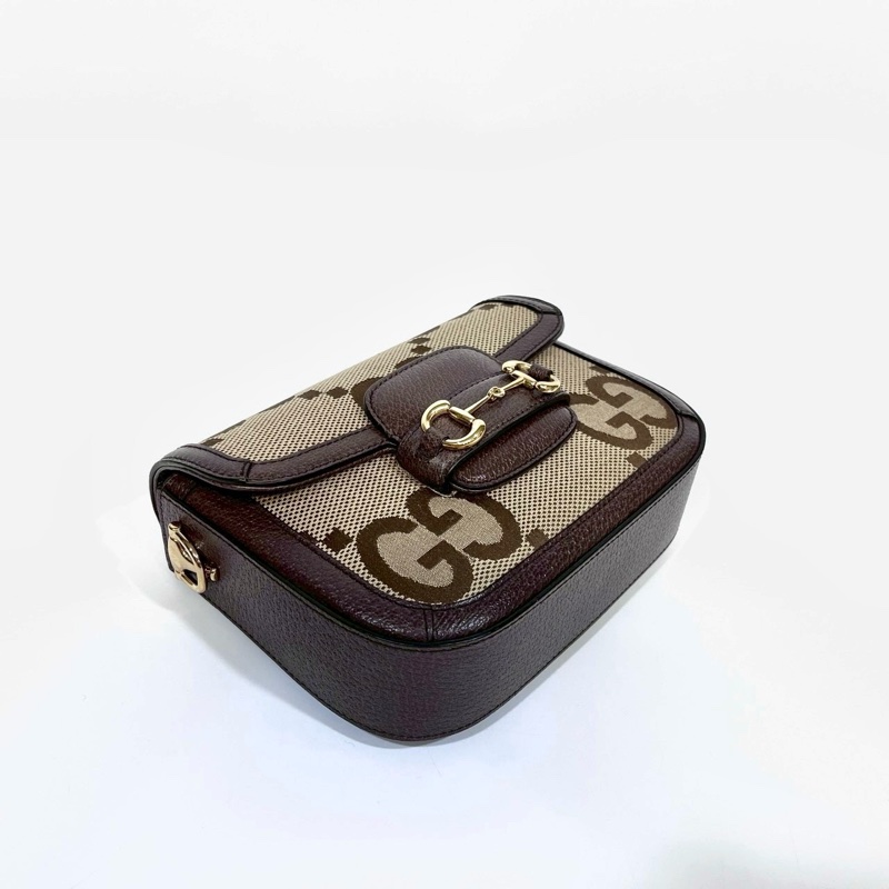 GUCCI帆布拚烏木色牛皮Horsebit 1955小號側背包658574-5