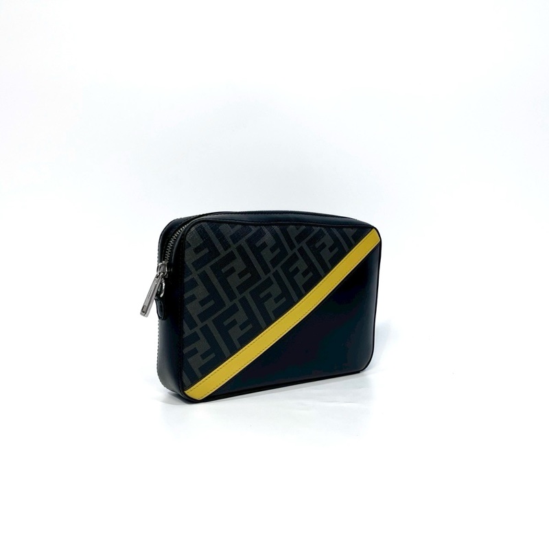 FENDI黑灰雙F拚黃色牛皮Diagonal銀釦相機包7M0286-2