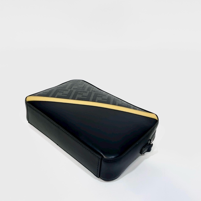 FENDI黑灰雙F拚黃色牛皮Diagonal銀釦相機包7M0286-6