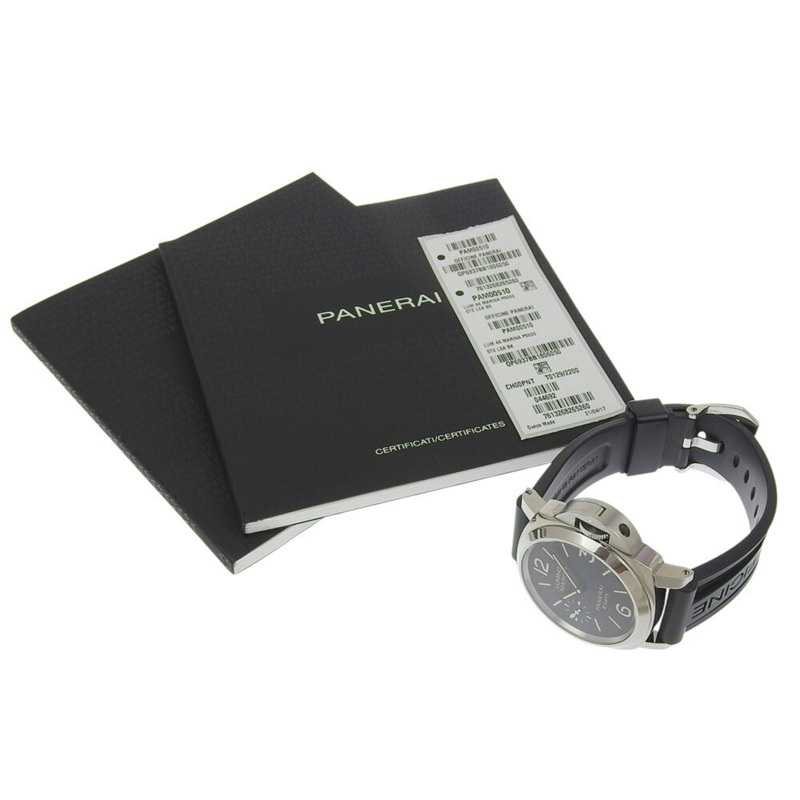 沛納海 Luminor Marina 8 日動力儲存腕錶 OP6937,P5000 機芯,型號 PAM00510/OP6937,精鋼和橡膠錶帶,手動上鍊,指針式顯示,黑色錶盤,男士腕錶-7