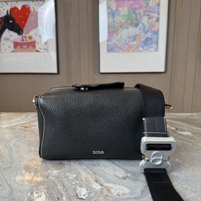 Dior 新款Lingot圓筒包 黑銀荔枝牛反走白線 斜背包-0