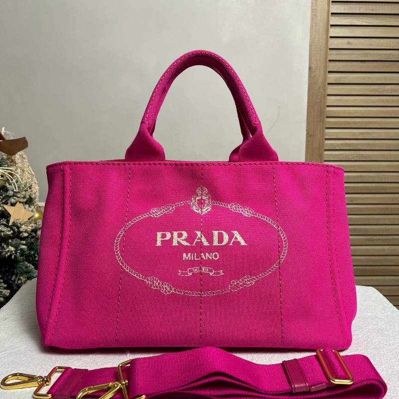 Prada 玫紅色帆布沙灘包 手提包肩背包 大號-0