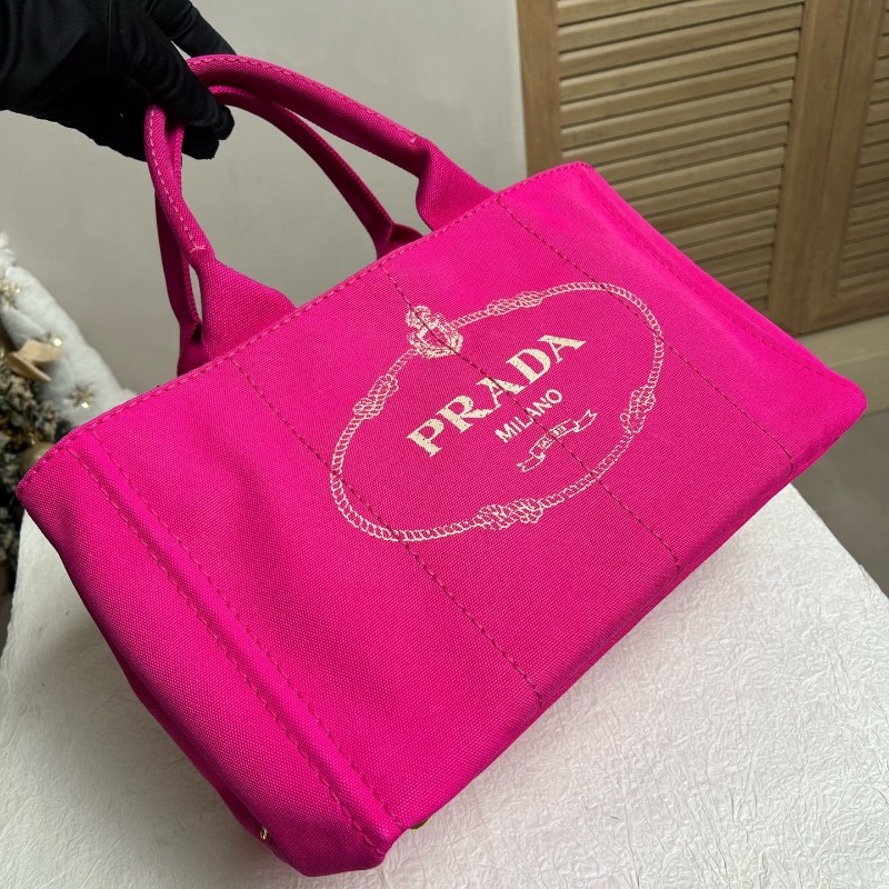 Prada 玫紅色帆布沙灘包 手提包肩背包 大號-3