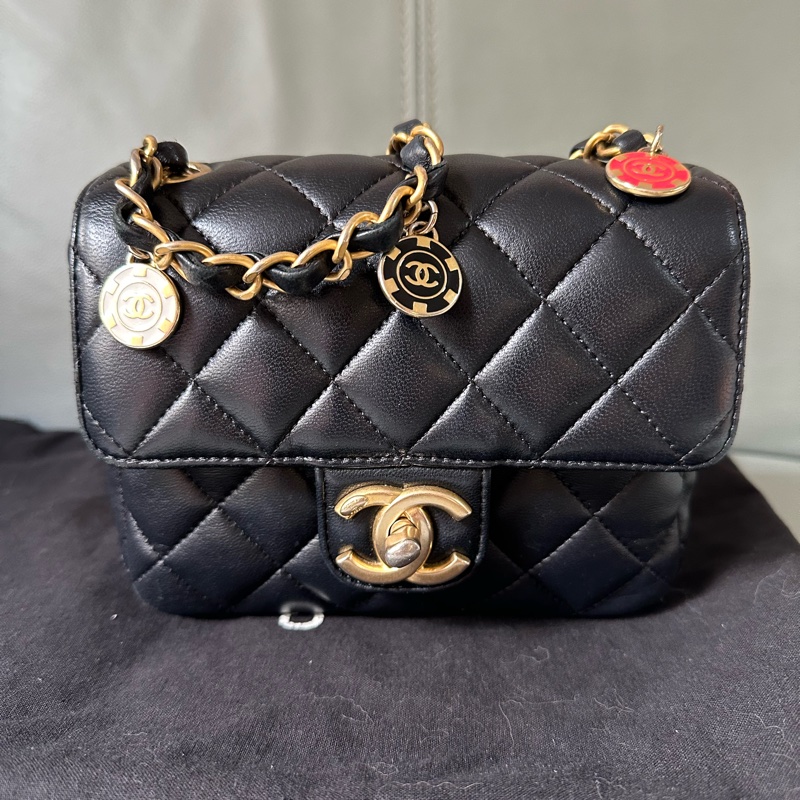 Chanel香奈兒方胖子羊皮黑金籌碼金幣鍊條包 晶片款 小號-0