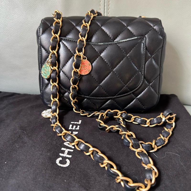 Chanel香奈兒方胖子羊皮黑金籌碼金幣鍊條包 晶片款 小號-1