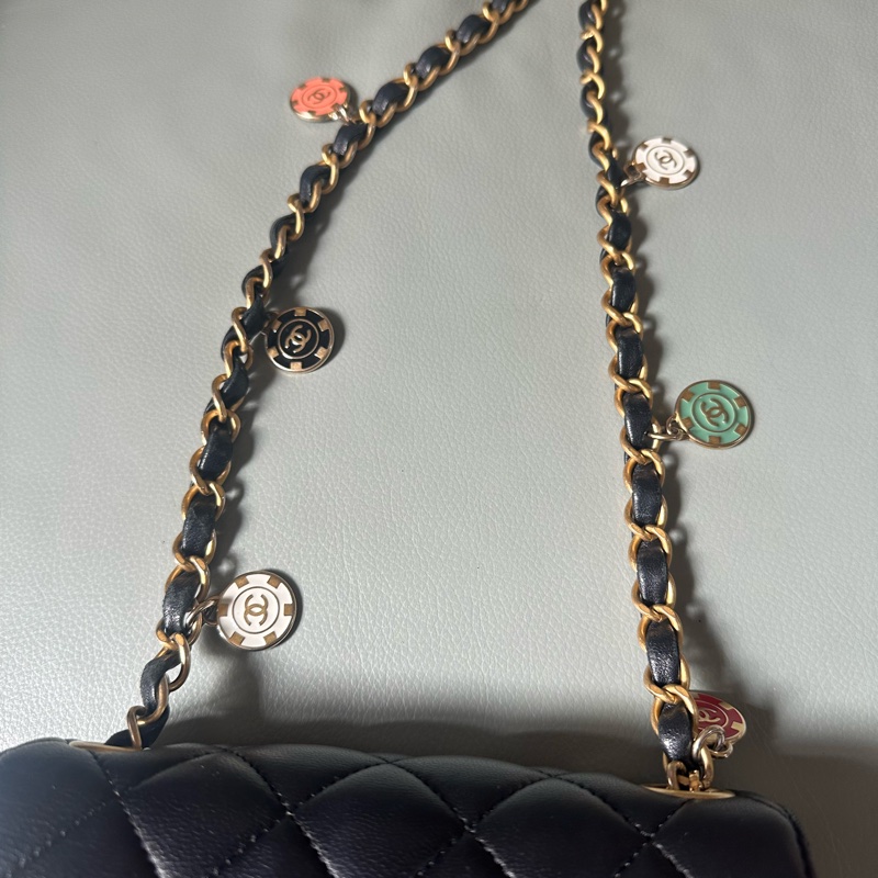 Chanel香奈兒方胖子羊皮黑金籌碼金幣鍊條包 晶片款 小號-23
