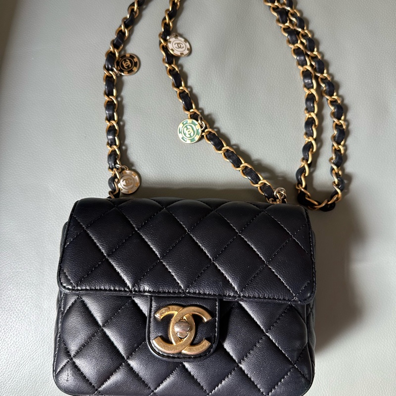 Chanel香奈兒方胖子羊皮黑金籌碼金幣鍊條包 晶片款 小號-30