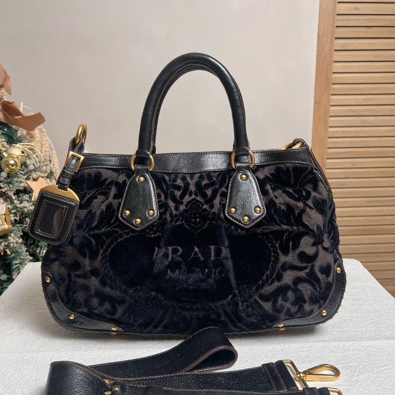 PRADA 黑色 絲絨印花 手提包肩背包-0