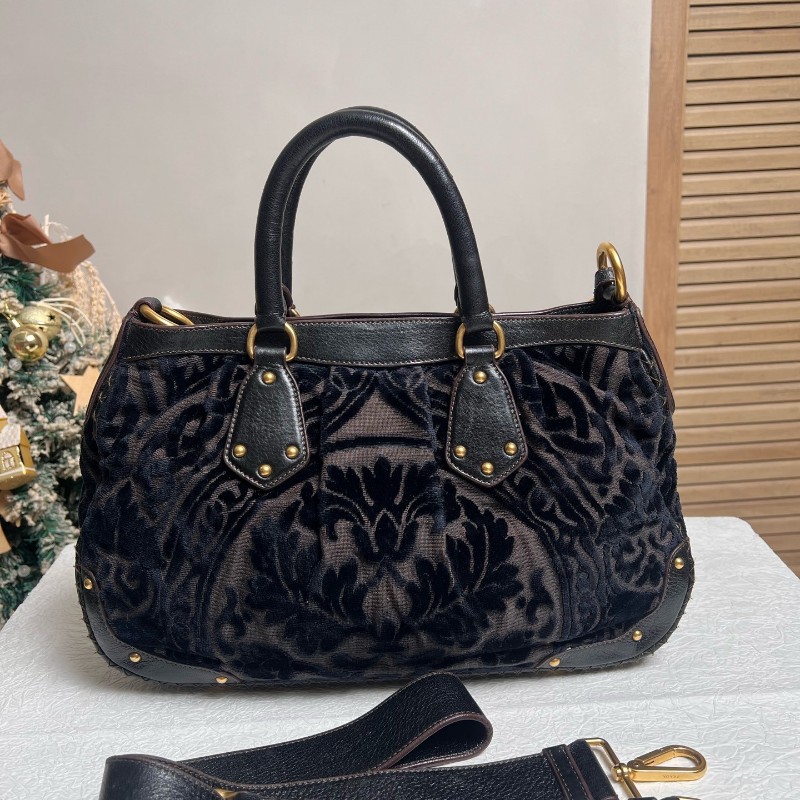 PRADA 黑色 絲絨印花 手提包肩背包-1