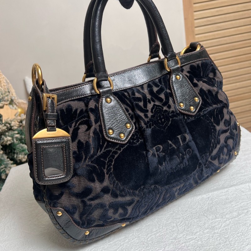 PRADA 黑色 絲絨印花 手提包肩背包-2