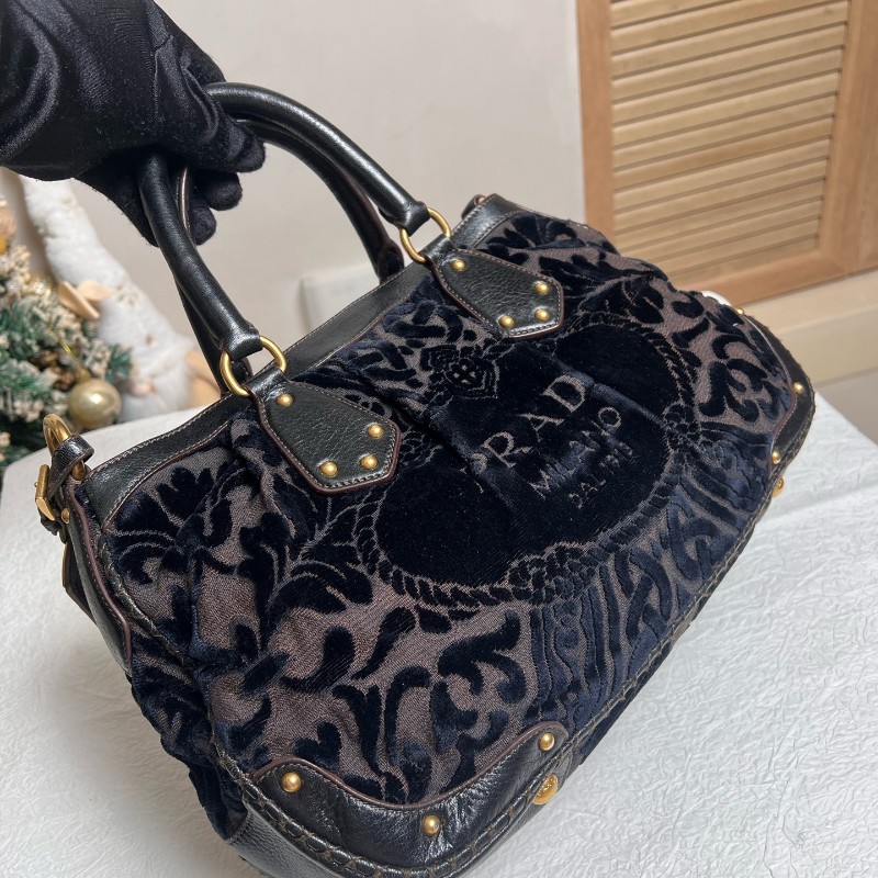 PRADA 黑色 絲絨印花 手提包肩背包-3
