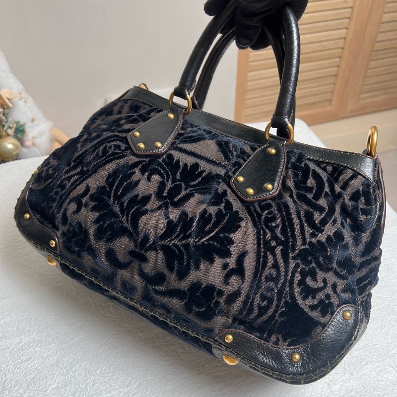 PRADA 黑色 絲絨印花 手提包肩背包-4