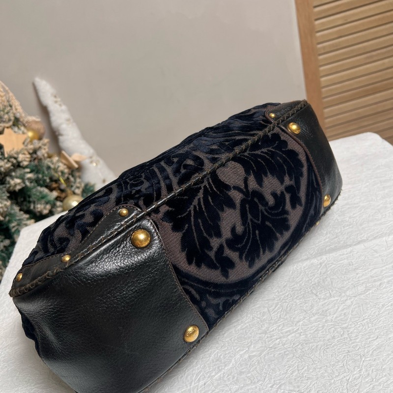 PRADA 黑色 絲絨印花 手提包肩背包-5