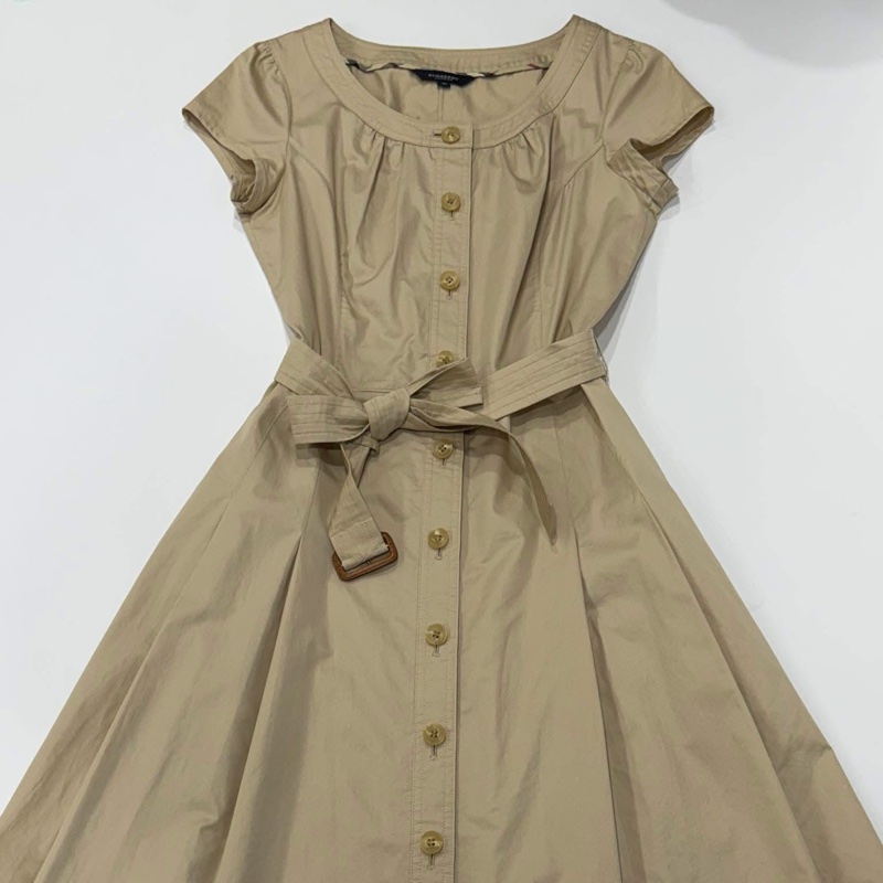 Burberry 倫敦 卡其牛革腰帶格紋洋裝-5