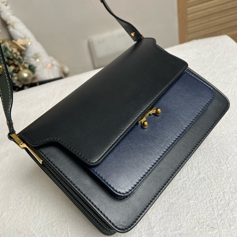 Marni 黑色拼藍色十字紋風琴包中號 肩背包斜背包-2