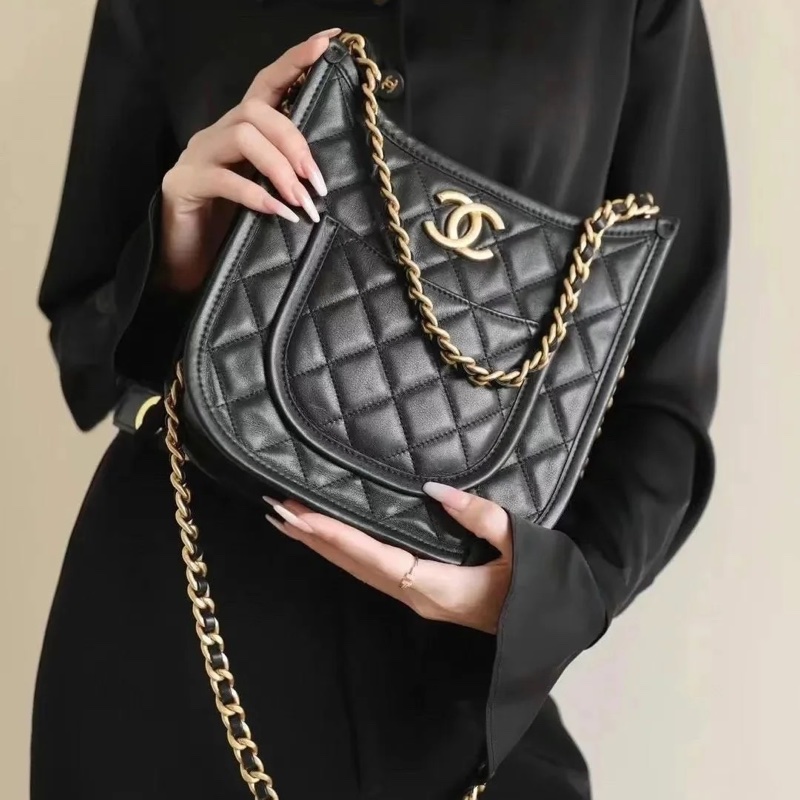 #全網最低💰 #櫃上23萬斷貨 #全配🈶購證 香奈兒黑金24s hobo 芯片款-7