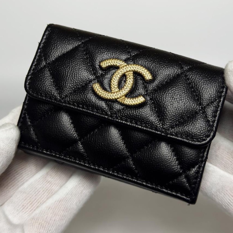 🌷Chanel 稀有金色大雙C魚子醬皮三折短夾錢包皮夾｜經典花紋✦fufu style 精品✦ 氣質款｜-0