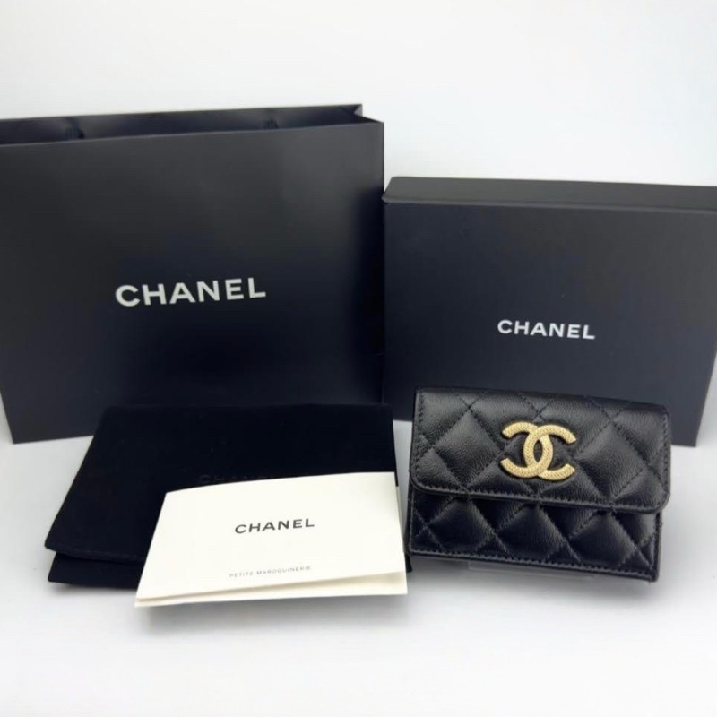🌷Chanel 稀有金色大雙C魚子醬皮三折短夾錢包皮夾｜經典花紋✦fufu style 精品✦ 氣質款｜-1