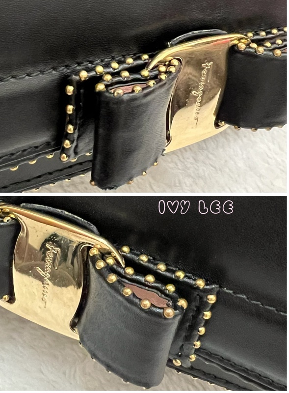 Salvatore Ferragamo黑色 金色皮革鉚釘 Vara 蝴蝶結翻蓋肩背包 鏈條包 斜背包 正品 二手精品-18