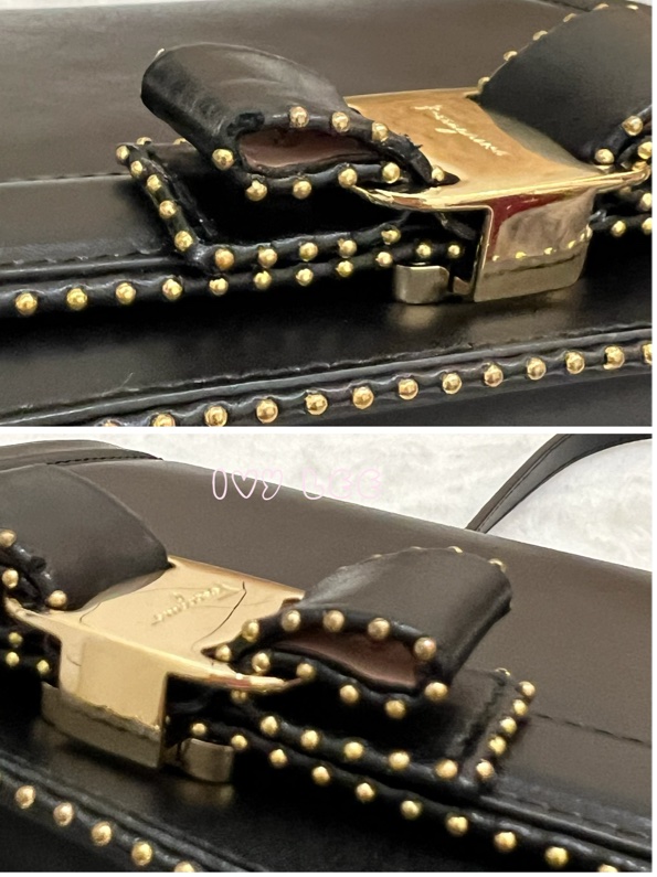 Salvatore Ferragamo黑色 金色皮革鉚釘 Vara 蝴蝶結翻蓋肩背包 鏈條包 斜背包 正品 二手精品-19