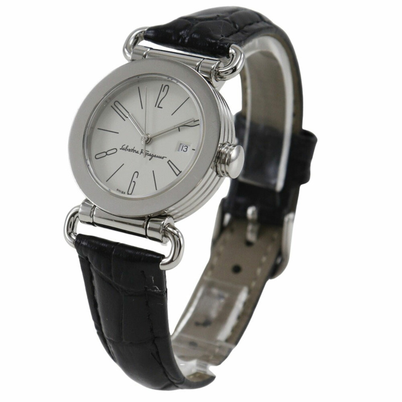 Salvatore Ferragamo 女士不鏽鋼和皮革石英腕錶,白色錶盤,模擬顯示-1