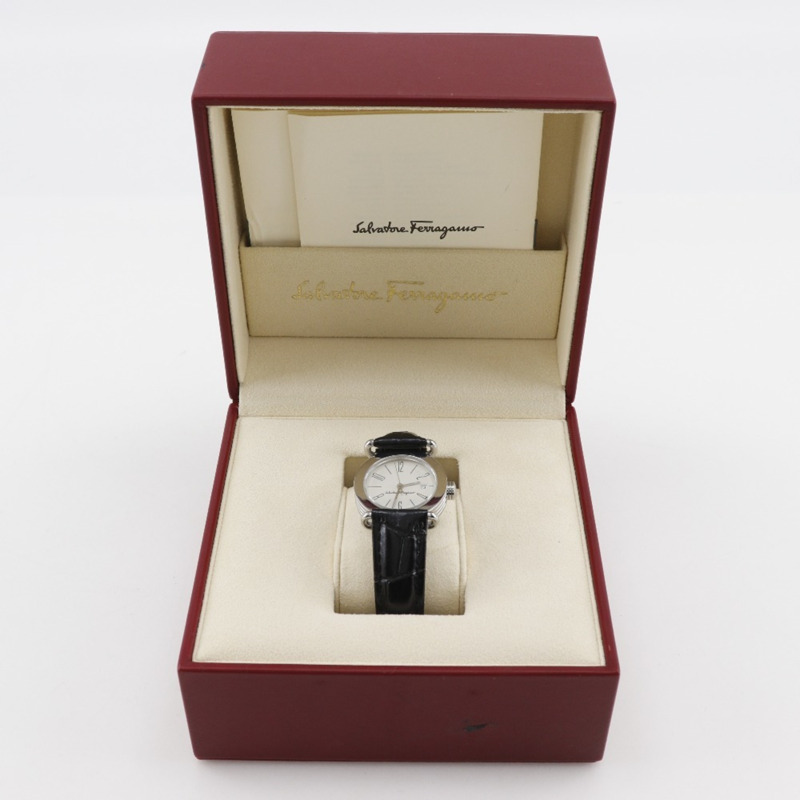 Salvatore Ferragamo 女士不鏽鋼和皮革石英腕錶,白色錶盤,模擬顯示-10