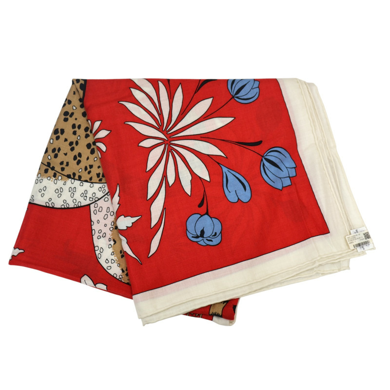 紅色 喀什米爾 真絲 Les Leopards 方巾【HERMES 愛馬仕】-1