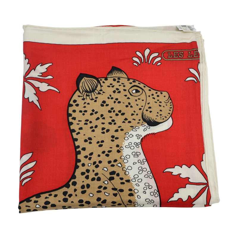 紅色 喀什米爾 真絲 Les Leopards 方巾【HERMES 愛馬仕】-2