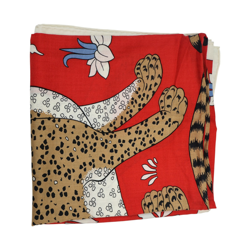 紅色 喀什米爾 真絲 Les Leopards 方巾【HERMES 愛馬仕】-3