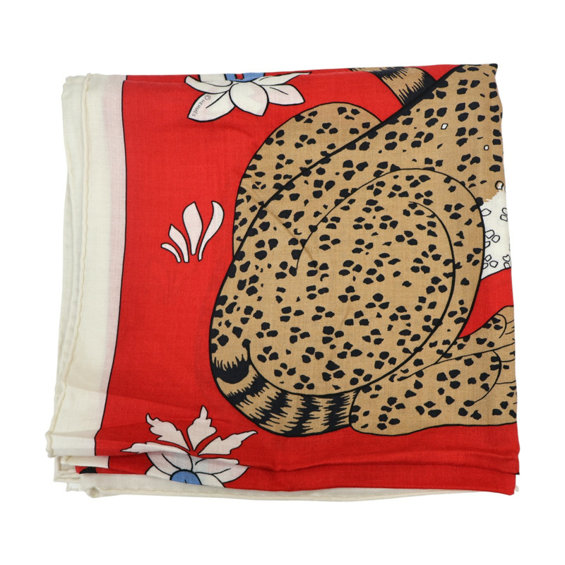 紅色 喀什米爾 真絲 Les Leopards 方巾【HERMES 愛馬仕】-4